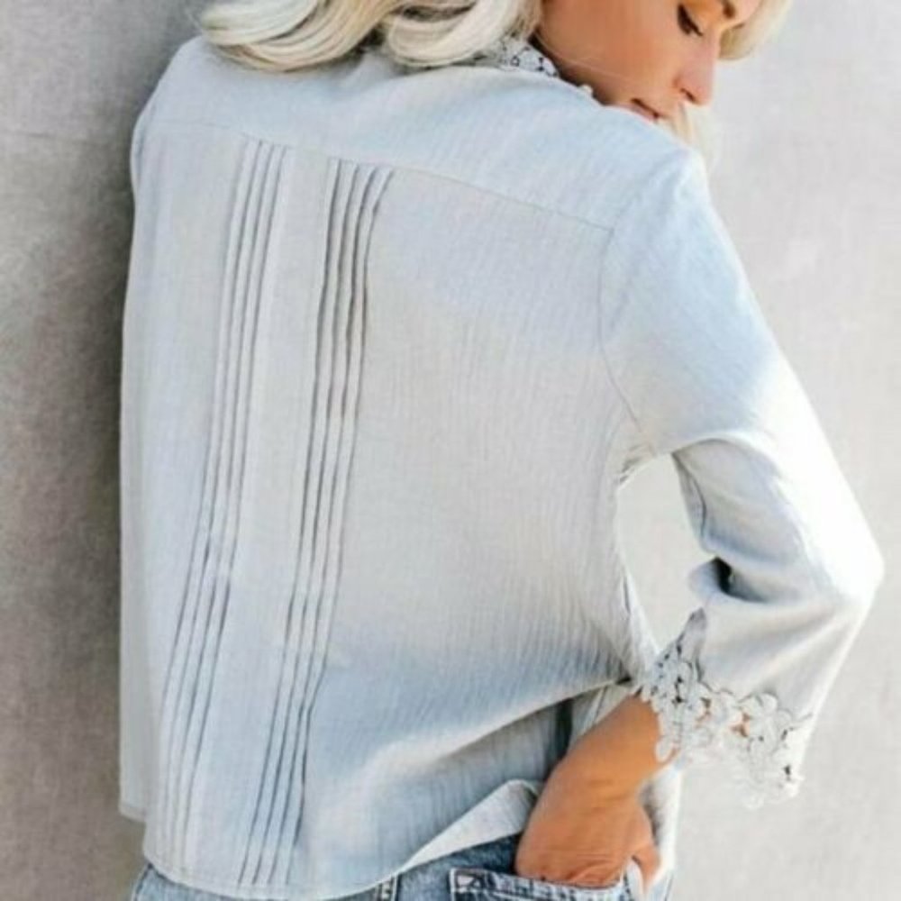 New Grey Lace Button Front Blouse Top Bohemian Western Dress Causal Vintage - Picture 5 of 7